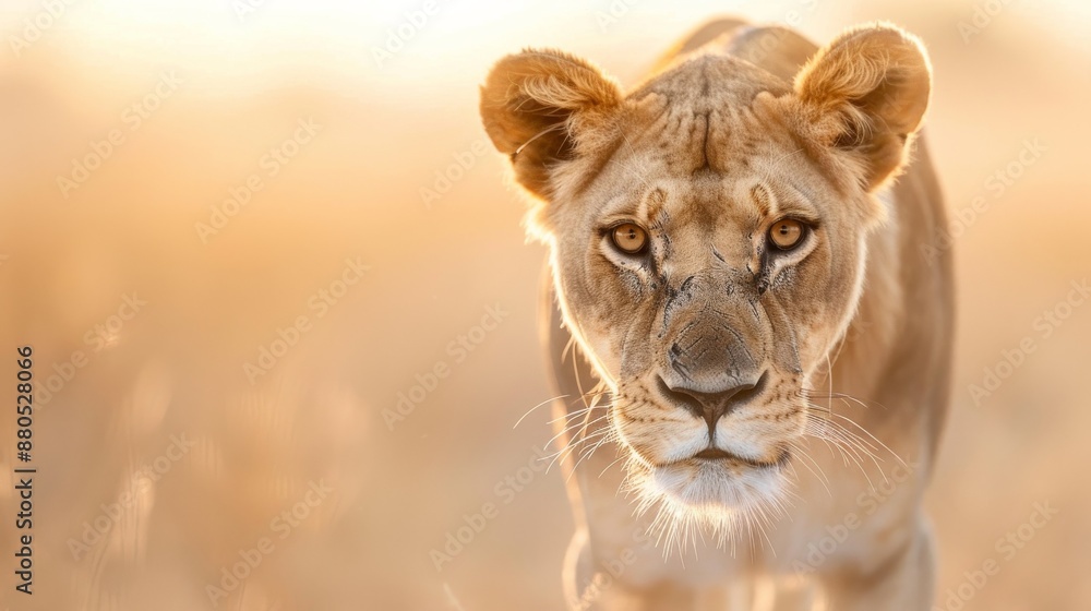 Close-up of a majestic lioness walking in golden light, showcasing her intense gaze and powerful presence in the wild. Close-up of a majestic lioness walking in golden light, showcasing her intense gaze and powerful presence in the wild.