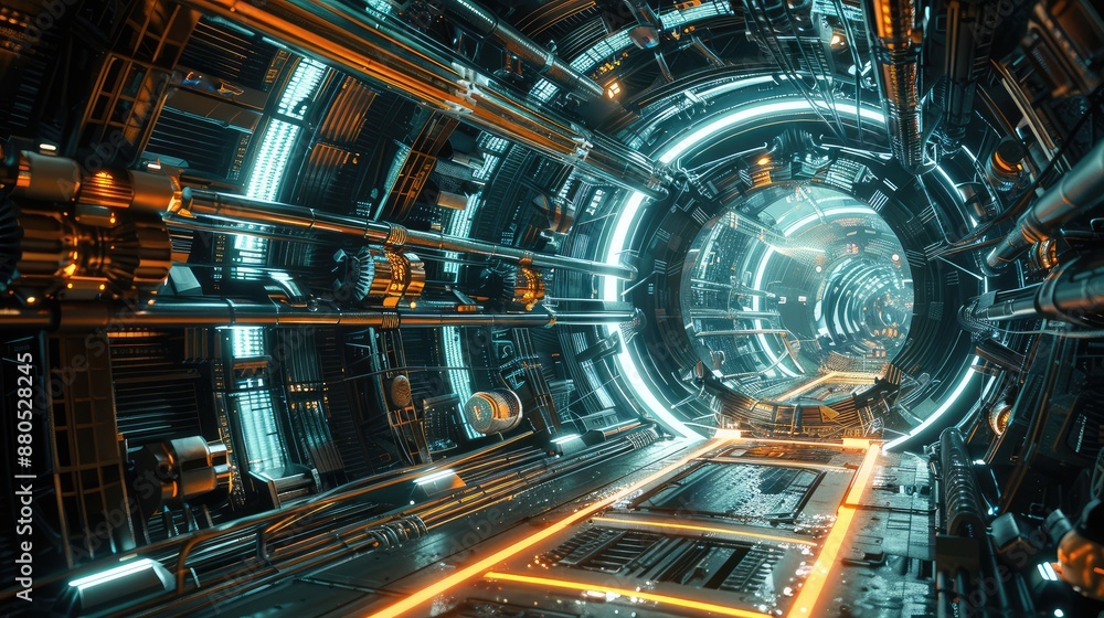 Futuristic spaceship interior with glowing neon lights and machinery Futuristic spaceship interior with glowing neon lights and machinery