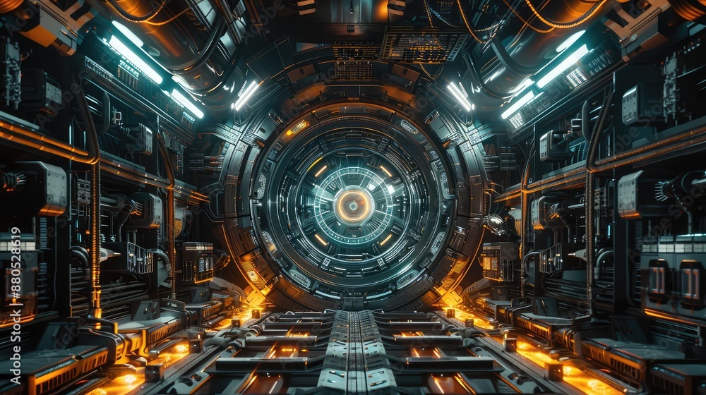 Futuristic spaceship interior with glowing portal and machinery Futuristic spaceship interior with glowing portal and machinery