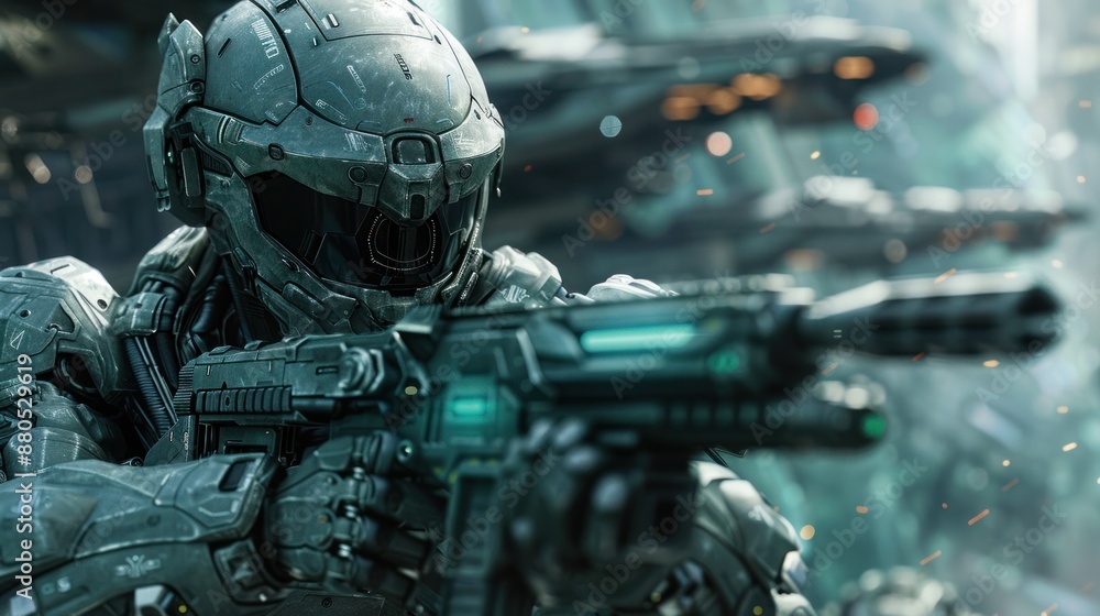 Fototapeta premium Futuristic Soldier with Modern Tech Weapons