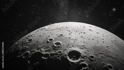Realistic moon surface and starry space in monochrome colors.