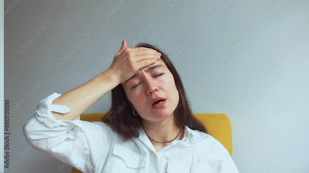 A young attractive girl suffers from a headache. A young attractive girl suffers from a headache.