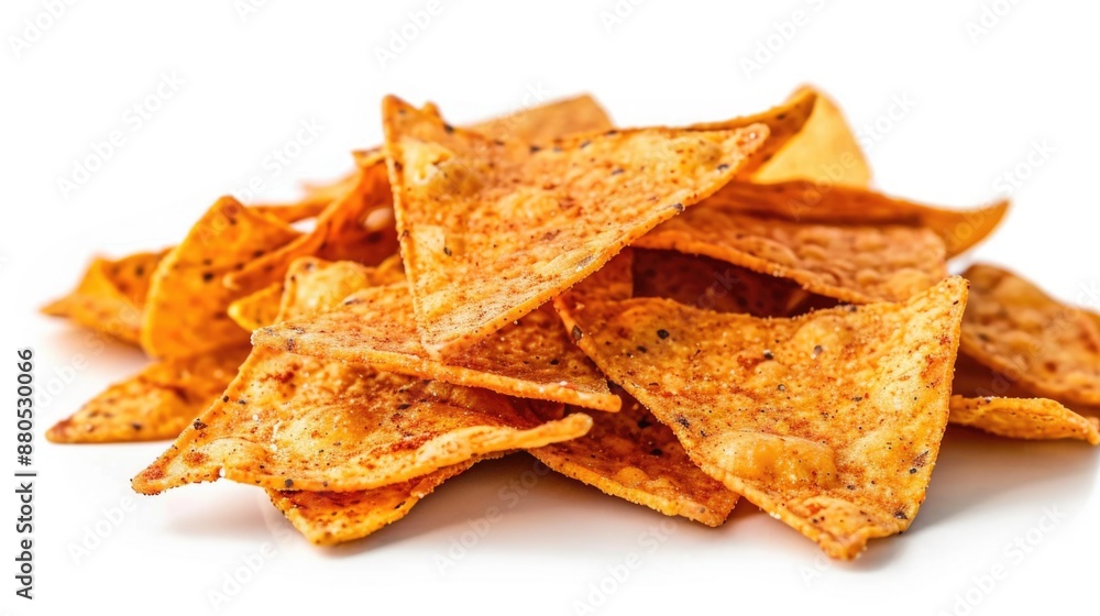 A stack of crispy tortilla chips on a clean white surface, perfect for snacking or as a prop in food photography A stack of crispy tortilla chips on a clean white surface, perfect for snacking or as a prop in food photography