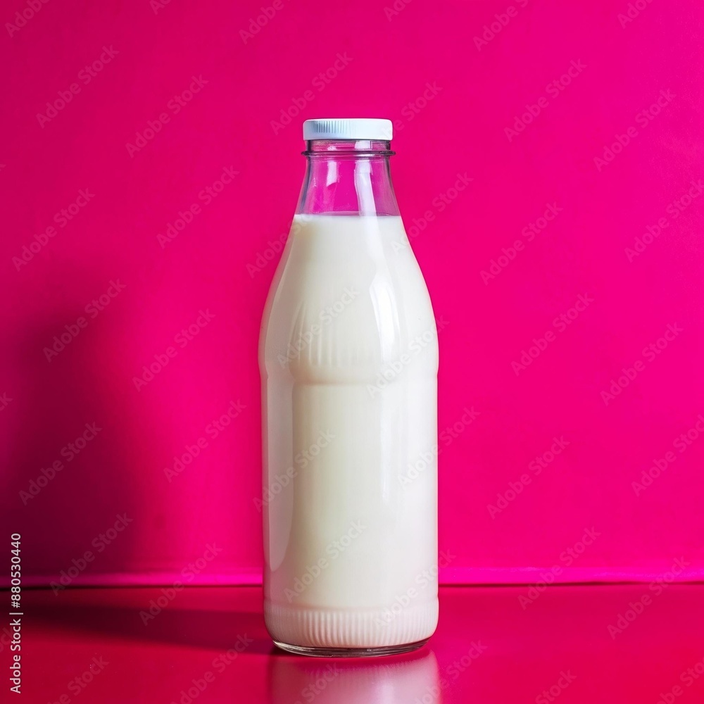 A glass bottle of milk sits on a pink table
