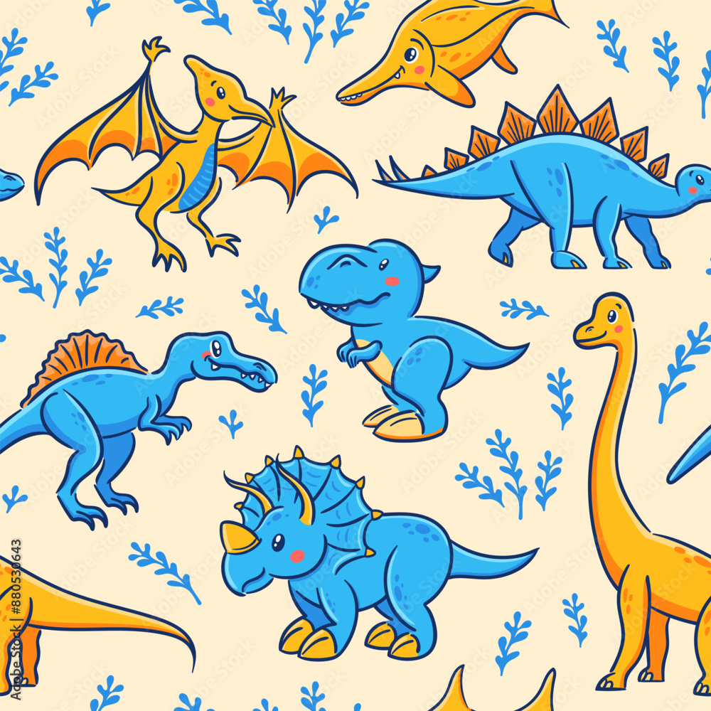 Naklejka premium Seamless pattern of cute dinosaurs in Asian kawaii style. Tyrannosaurus rex, stegosaurus, triceratops, pterosaur, spinosaurus, ichthyosaur, diplodocus. Prehistoric predatory lizard for wrapping