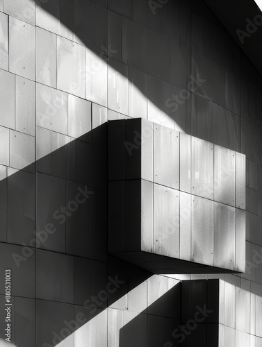 Geometric Shadow Play on Modern Architecture - A close-up photograph capturing the interplay of light and shadow on a modern building facade. The architectural elements cast stark shadows, creating a 