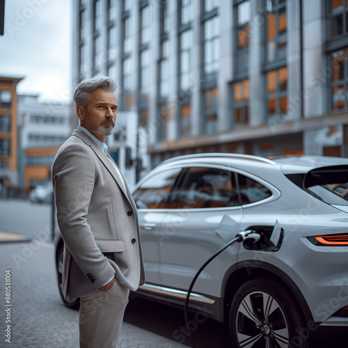 Wallpaper Mural Mature businessman looking confidently next to his electric car, charging in a city Torontodigital.ca