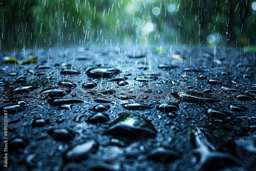 Fototapeta premium A mesmerizing close-up of raindrops splashing and creating ripples on a dark surface, capturing the essence of rainfall's interaction with surfaces and elements.