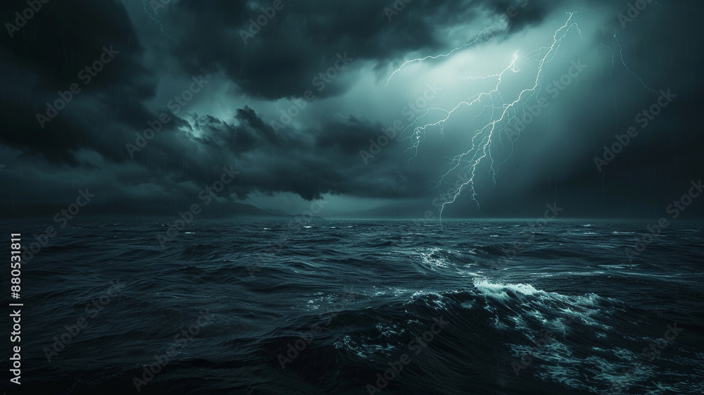 A dark stormy sea with lightning striking in the distance. A dark stormy sea with lightning striking in the distance.