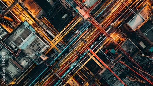 Abstract Cityscape with Complex Network of Pipes and Wires - Aerial view of a complex network of pipes and wires in a city, creating an abstract urban pattern. - Aerial view of a complex network of pi