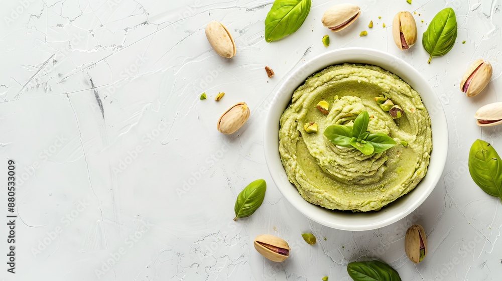 A bowl of creamy pistachio butter topped with nuts on white background