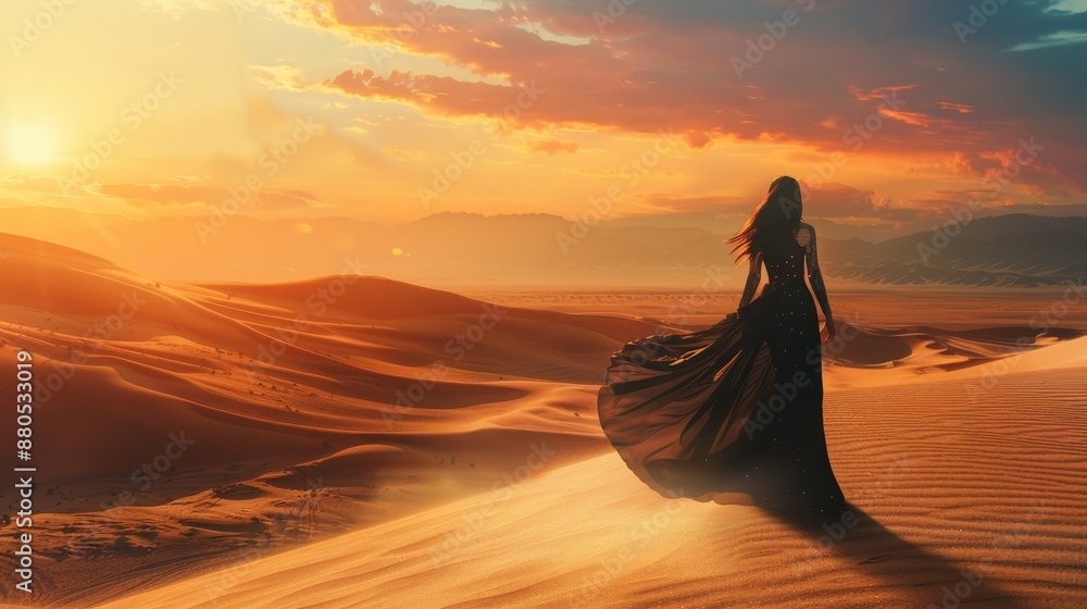 In the desert, an Arabian woman walks in the sand and dunes at sunset using stock