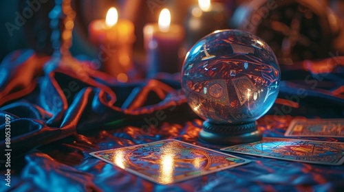 Crystal ball with tarot cards and candles