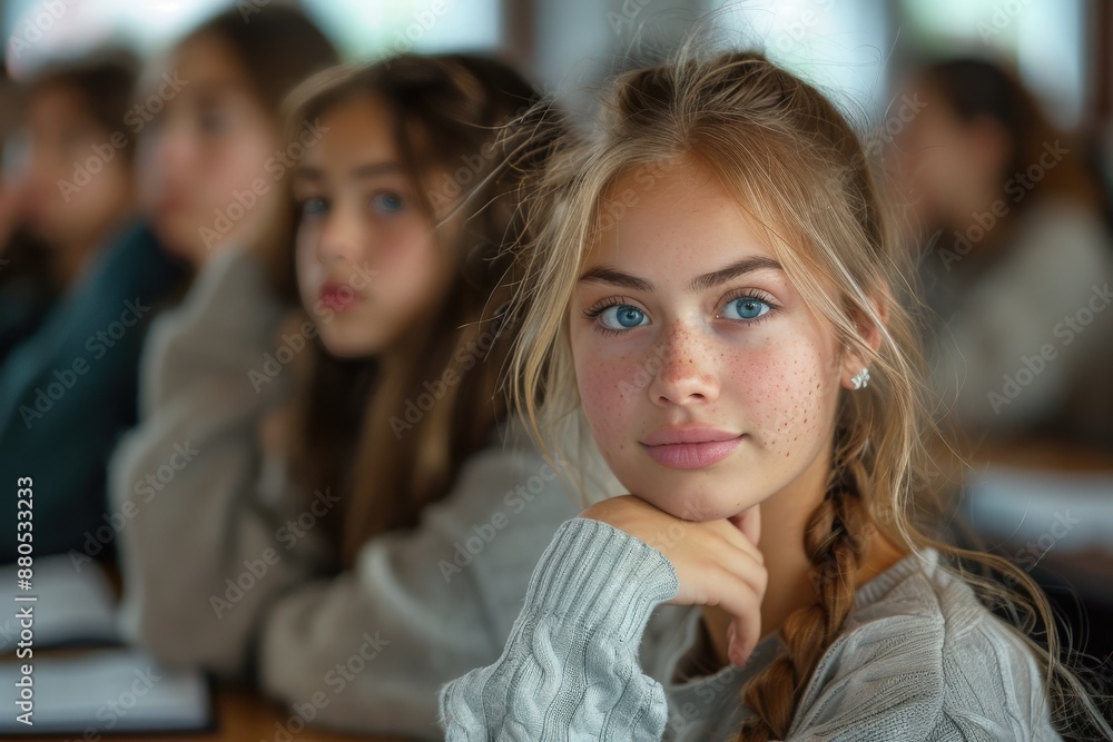Obraz premium Focused young girl with striking blue eyes and freckles wearing a grey sweater sitting in a classroom setting, engrossed in a lesson alongside peers.