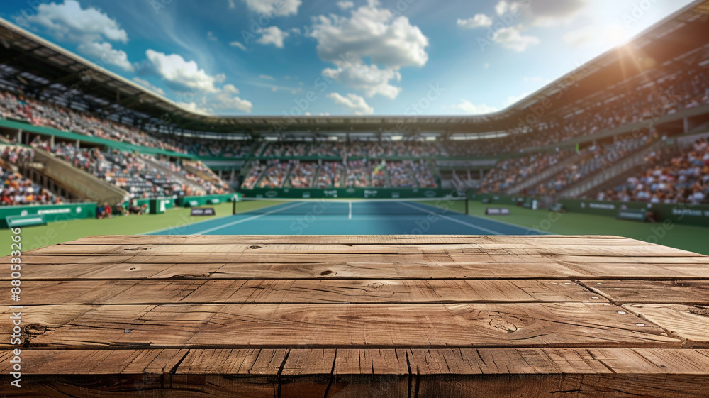 Fototapeta premium A wooden table top with the background of an outdoor tennis stadium