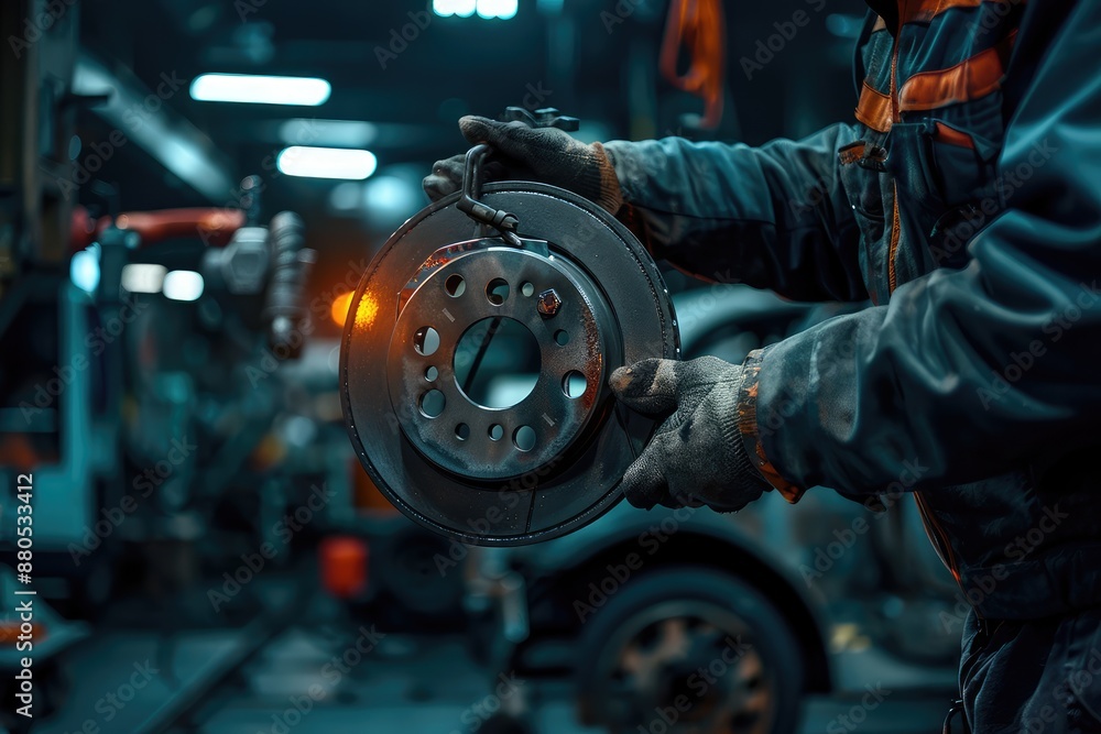 Auto mechanic in protective gloves holding a brake disc in a dimly lit garage Auto mechanic in protective gloves holding a brake disc in a dimly lit garage