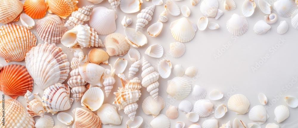 Collection of various seashells in delicate shades of white and orange, placed on a light background with ample copy space. Collection of various seashells in delicate shades of white and orange, placed on a light background with ample copy space.