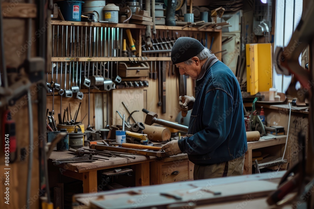 Elderly carpenter focused on hammering chisel in his workshop Elderly carpenter focused on hammering chisel in his workshop