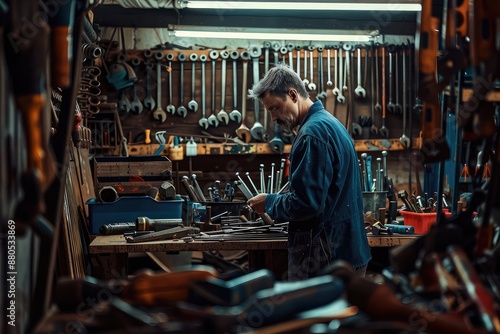 Craftsman engrossed in meticulous work in a cluttered workshop photo