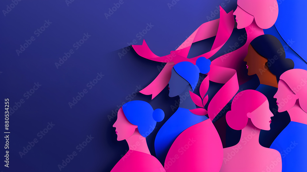 A vibrant illustration with pink ribbons and diverse people A vibrant illustration with pink ribbons and diverse people