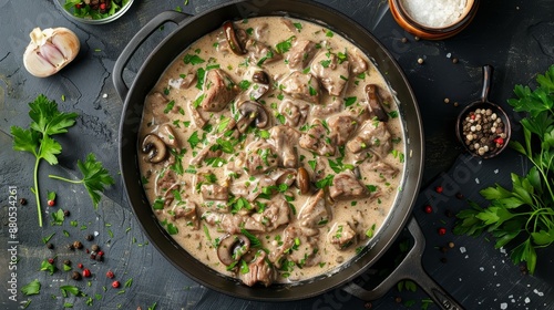 View from above of delicious beef stroganoff served with veal strips stewed with porcini over sour cream sauce. photo