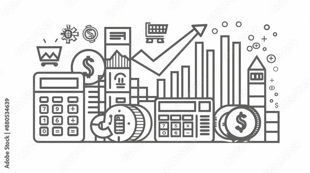 Financial Growth and Calculation - Abstract graphic illustration representing financial growth and calculation, showcasing key elements like calculators, charts, and money symbols. - Abstract graphic Financial Growth and Calculation - Abstract graphic illustration representing financial growth and calculation, showcasing key elements like calculators, charts, and money symbols. - Abstract graphic