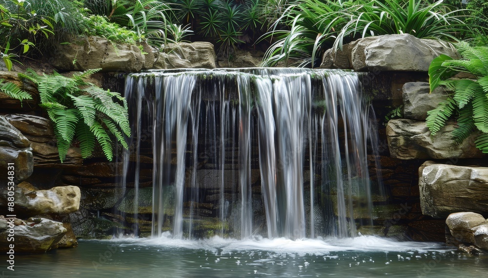 Naklejka premium Scenic Waterfall Cascading into a Serene Pool in a Lush Forest
