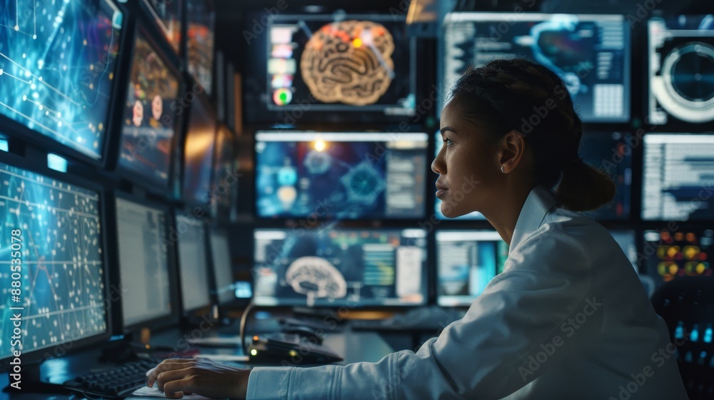 Her Office Has Multiple Screens Showing 3D Visualizations. She works on a Neural Network/ Stock Project with a Multi-Ethnic Team of Specialists. Her Office Has Multiple Screens Showing 3D Visualizations. She works on a Neural Network/ Stock Project with a Multi-Ethnic Team of Specialists.
