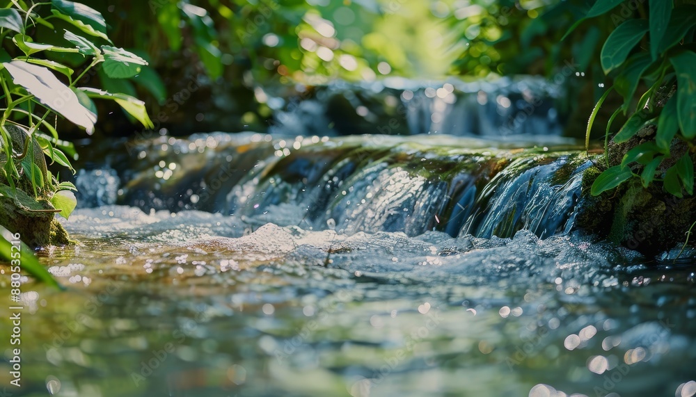 Fototapeta premium Soft Flowing Water in a Peaceful Forest Stream Surrounded by Lush Greenery