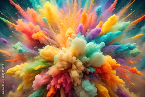 Explosion of colored powder on a gradient dark background. Freeze movement. Holi color powder. Abstract festive colored background.