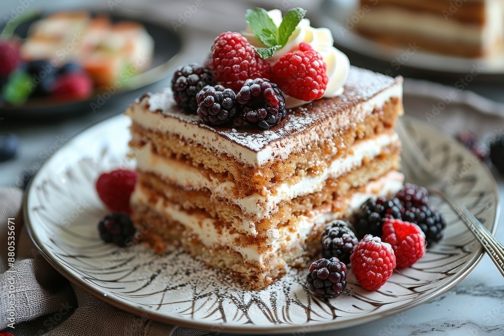 A serving of medovik, Russian honey cake, with a side of whipped cream and fresh berries. A serving of medovik, Russian honey cake, with a side of whipped cream and fresh berries.