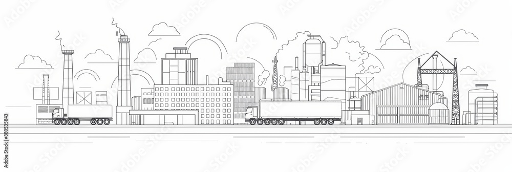 Obraz premium Industrial Skyline Illustration - Illustration of an industrial skyline with buildings, factories and trucks - Illustration of an industrial skyline with buildings, factories and trucks
