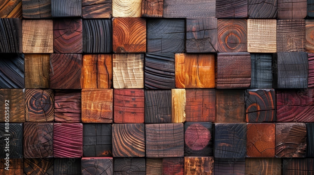 Panoramic image of wooden background with brown acoustic panels, wooden boards and panel pattern textures Panoramic image of wooden background with brown acoustic panels, wooden boards and panel pattern textures