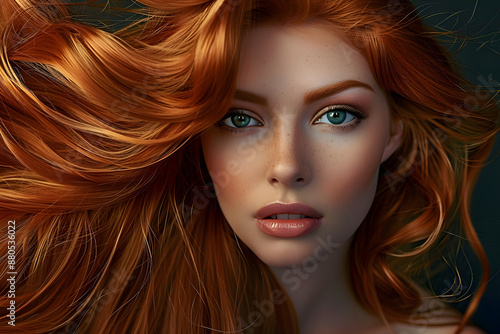 Beautiful female face with powerful silky hair and chic hairstyle done in a beauty salon. Perfect image of a beautiful red-haired woman with developing hair. Illustration for beauty magazine.