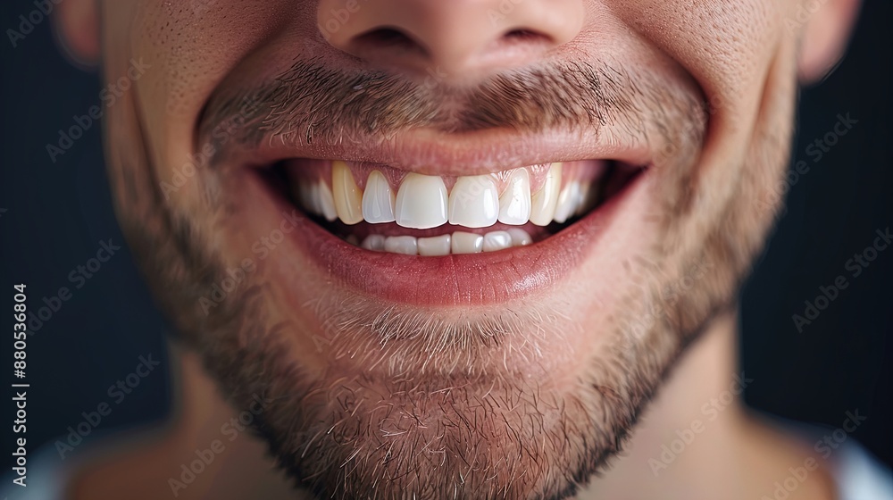 Close-up of a smiling man's mouth with clean white teeth and a beard. Dental care and hygiene photography for design and print. Health and wellness concept. Close-up of a smiling man's mouth with clean white teeth and a beard. Dental care and hygiene photography for design and print. Health and wellness concept.