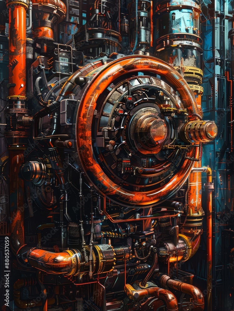 Industrial Machine - A close-up image of a intricate industrial machine with pipes, gears, and other mechanical parts. The image is full of detail and creates a sense of power and complexity. - A clos Industrial Machine - A close-up image of a intricate industrial machine with pipes, gears, and other mechanical parts. The image is full of detail and creates a sense of power and complexity. - A clos