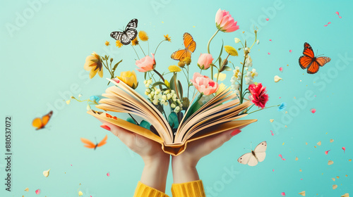 Two hands holding a book with flowers and butterflies flying out, open  book, A fairy-tale-like photograph, reading a book photo