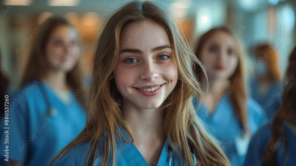 A group of young female student nurses are smiling and standing in medical school with other students A group of young female student nurses are smiling and standing in medical school with other students