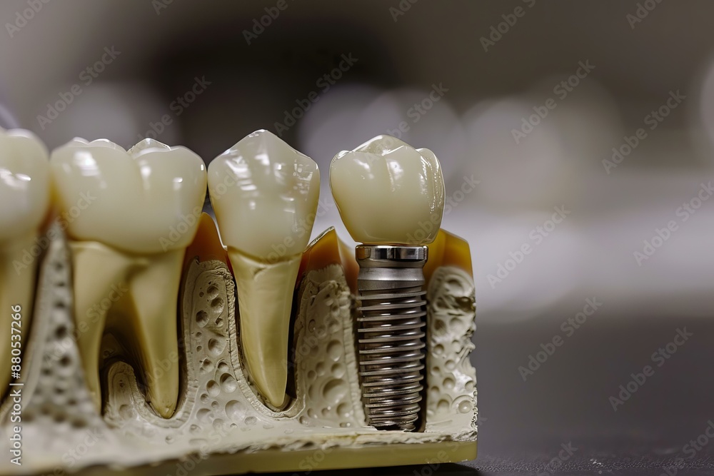 Dental implant model showing a cross section of teeth, gums, and bone Dental implant model showing a cross section of teeth, gums, and bone