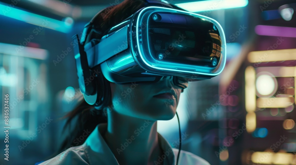 Woman wearing headset device in virtual reality game in digital future technology experiencing glasses in simulation visual cyberspace wearable technology Woman wearing headset device in virtual reality game in digital future technology experiencing glasses in simulation visual cyberspace wearable technology