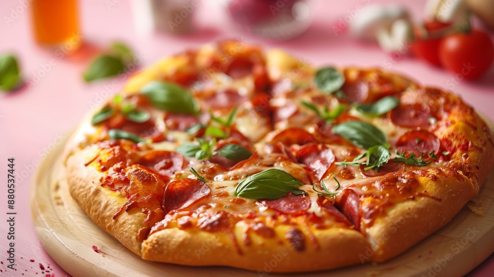 A heartshaped pizza on pink background, symbolizing love and valentine's day celebration A heartshaped pizza on pink background, symbolizing love and valentine's day celebration