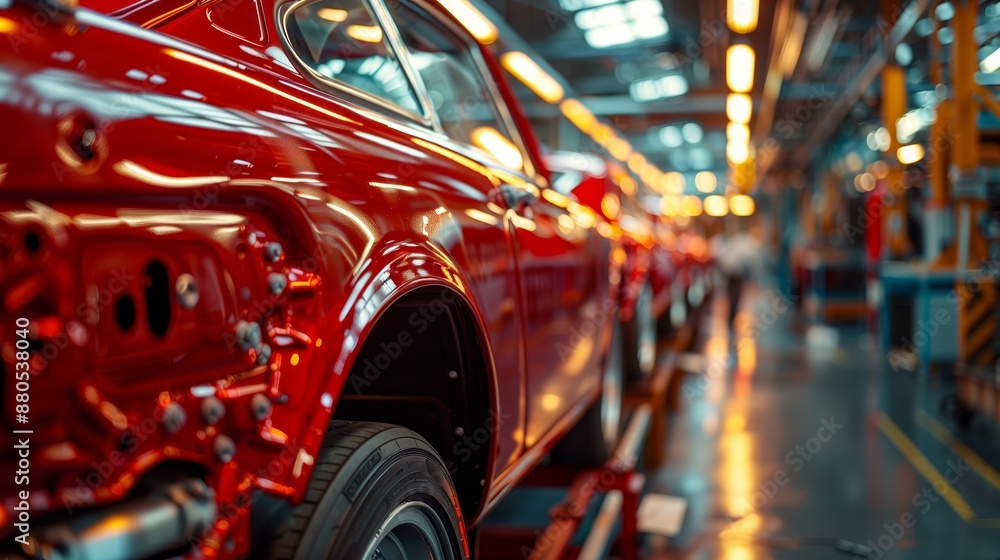 Car production line in a factory with a car body on a frame for use as background or wallpaper Car production line in a factory with a car body on a frame for use as background or wallpaper