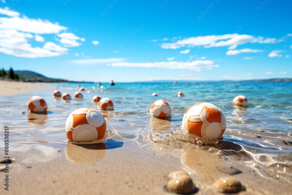 Volleyball on the beach with blue sea and sky background. Volleyball on the beach with blue sea and sky background.