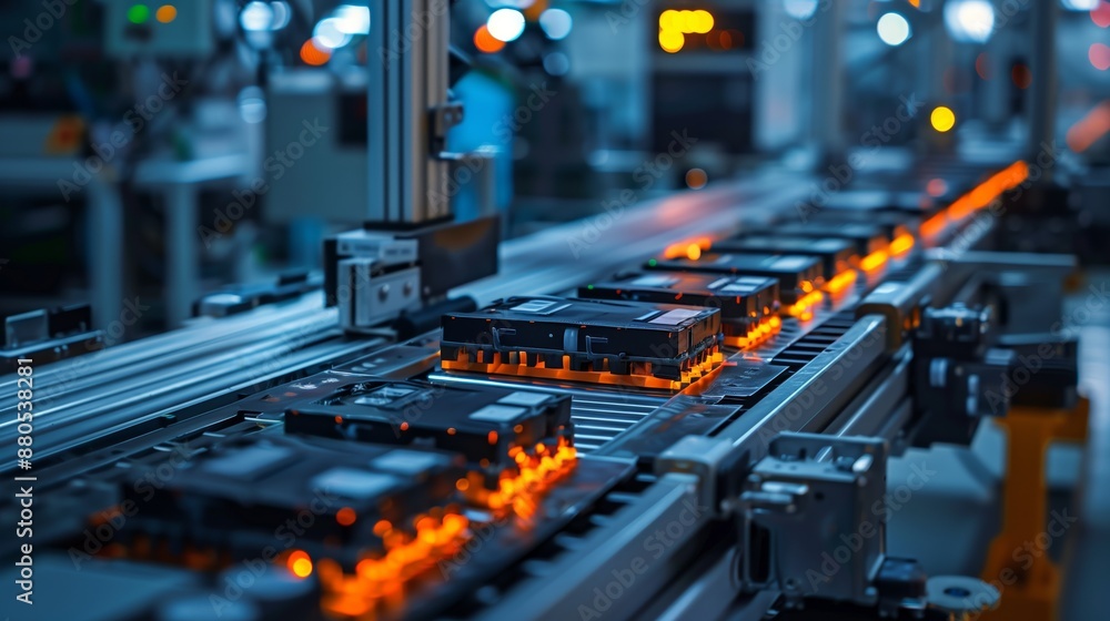 Graphic screen printing production line with rows of battery cells on the conveyor belt in an electric vehicle factory Graphic screen printing production line with rows of battery cells on the conveyor belt in an electric vehicle factory