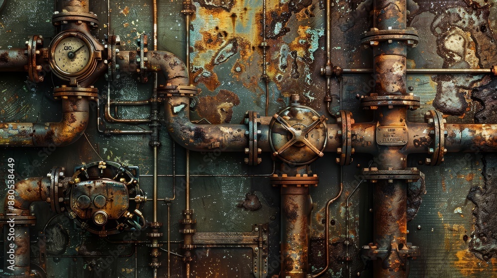 Rusty Industrial Pipes and Gauges - Close-up of a rusty industrial pipe system with gauges and valves. - Close-up of a rusty industrial pipe system with gauges and valves. Rusty Industrial Pipes and Gauges - Close-up of a rusty industrial pipe system with gauges and valves. - Close-up of a rusty industrial pipe system with gauges and valves.