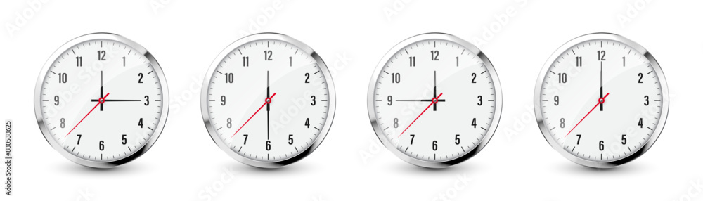 Wall clock, stopwatch icons. Shiny metal chronometer, time counter with dial. Countdown timer showing minutes and seconds. Time measurement for sport, start and finish. Vector illustration