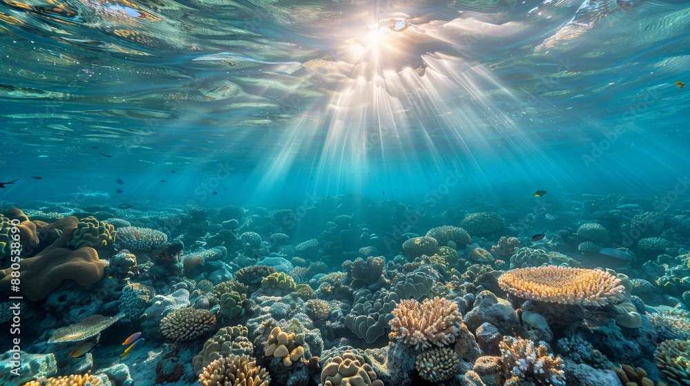 Fototapeta premium Underwater view of the sea surface with sunlight filtering through