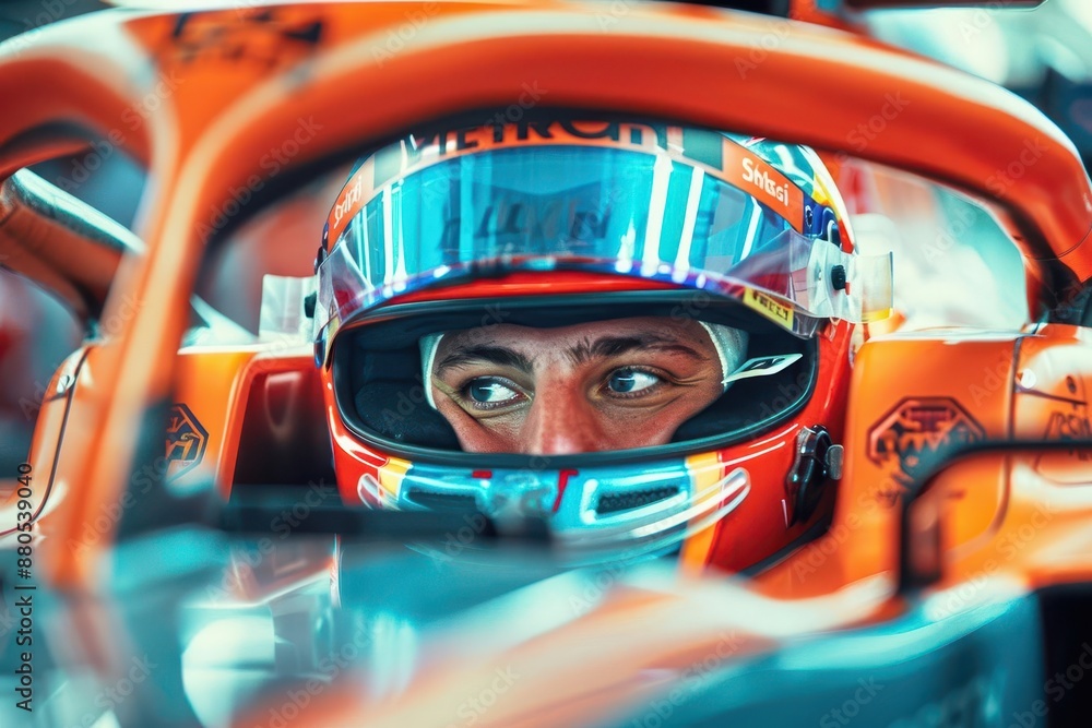 formula 1 driver seated in cockpit focused intently on starting lights helmet visor reflects anticipation with blurred pit crew and track visible in background formula 1 driver seated in cockpit focused intently on starting lights helmet visor reflects anticipation with blurred pit crew and track visible in background