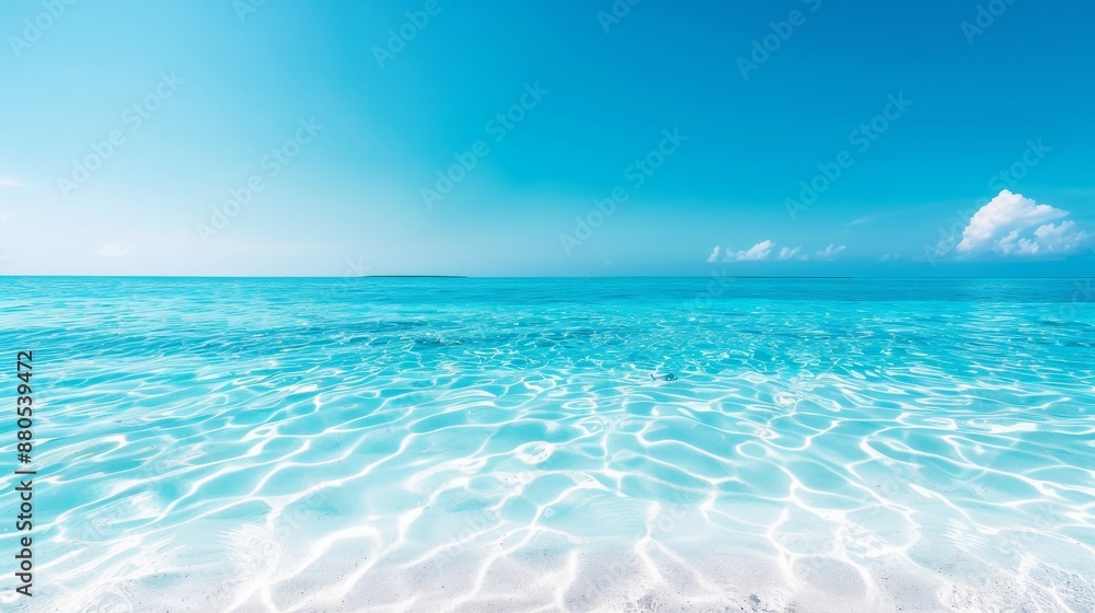 Obraz premium Crystal clear turquoise waters and bright blue sky at a tranquil beach, perfect for a relaxing tropical getaway or background image.