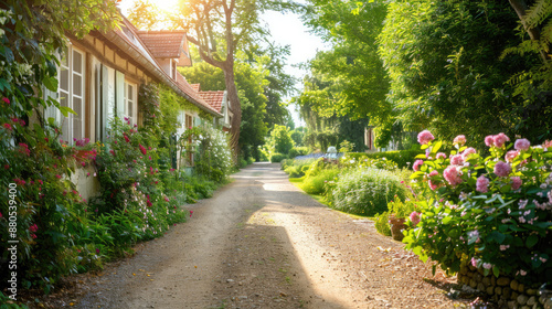 Charming country lane with blooming flowers